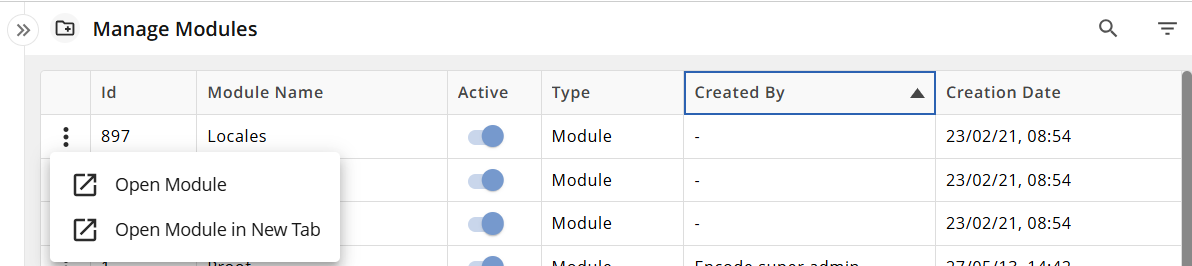 Manage Modules interface displaying module details and options to open modules.